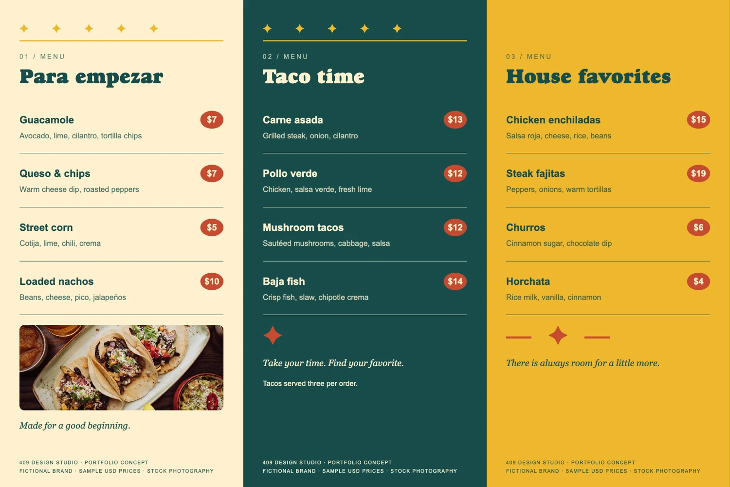 Sol and Comal printed menu concept