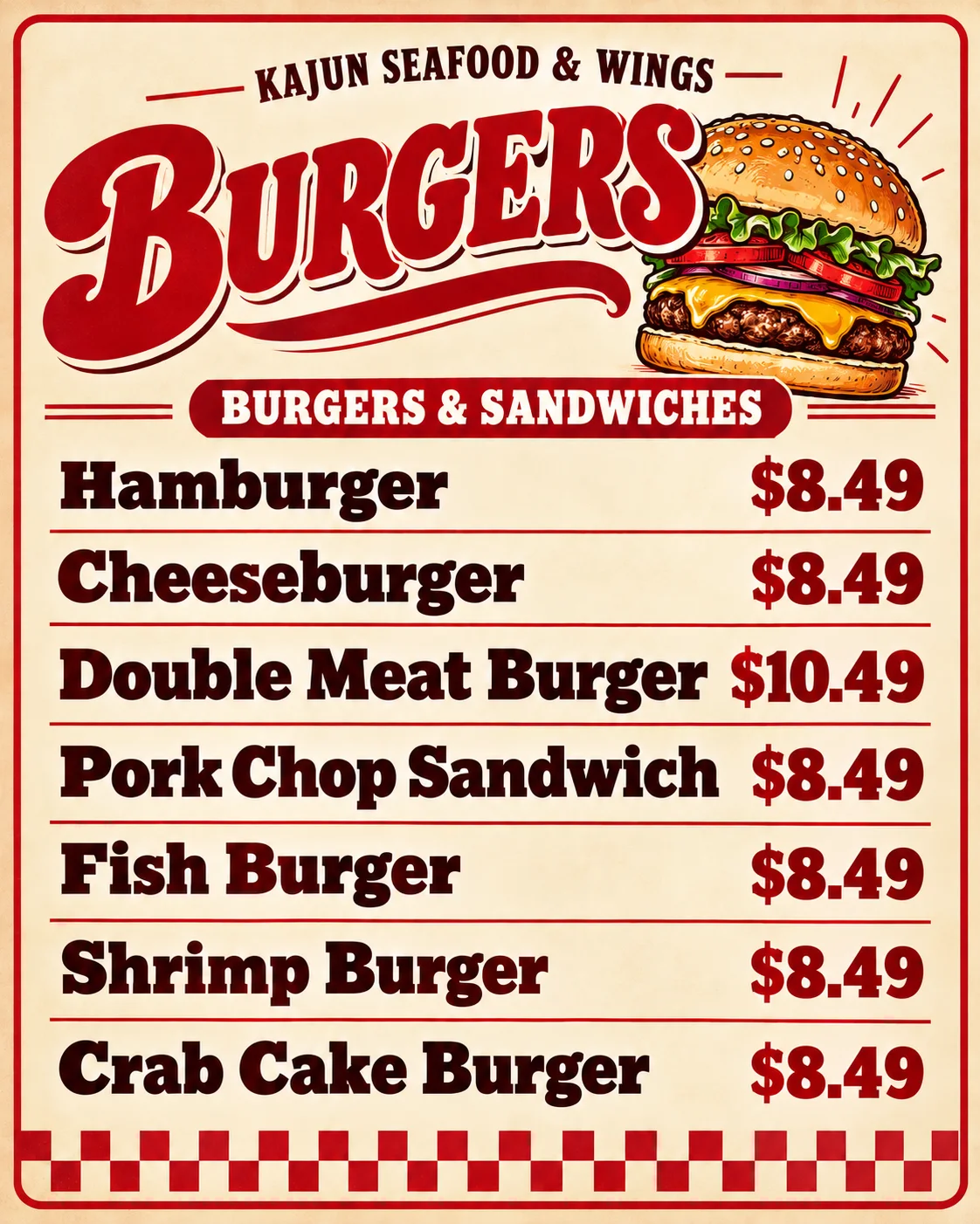 Kajun burger menu