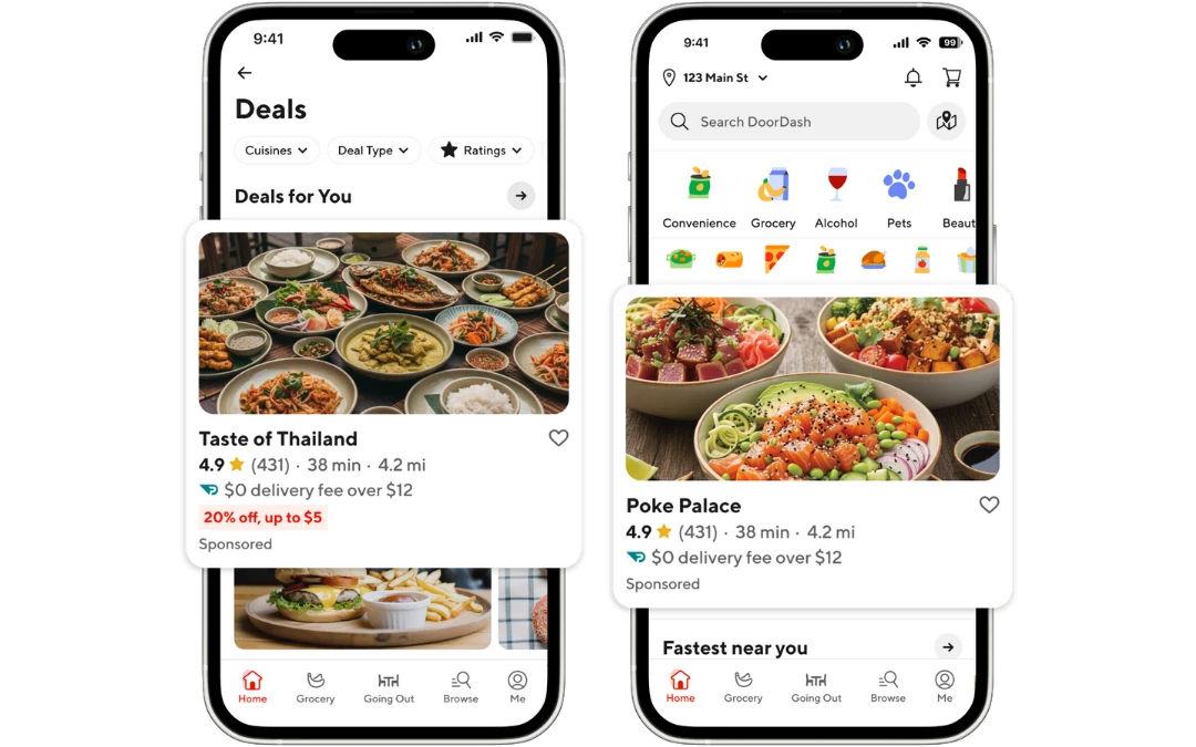 Delivery app listings displayed on two phones
