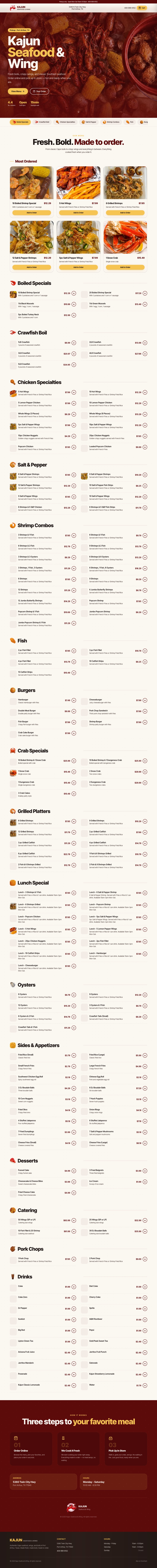 Kajun Seafood & Wing website, full page